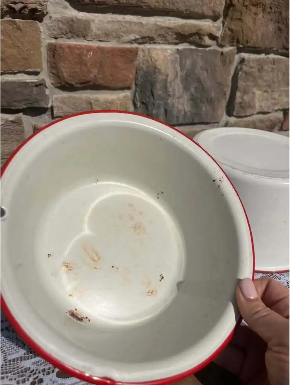 Vintage White Enamelware Pot with Lid & Basin Set Red Trim Farmhouse Cookware